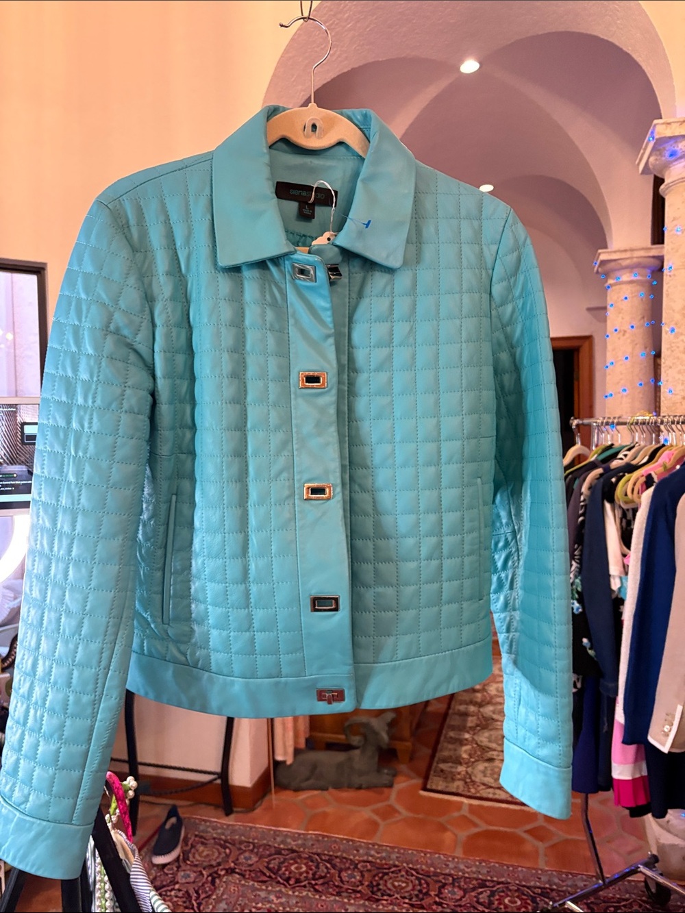 Tiffany blue leather jacket